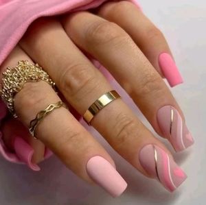 24pcs Short Square Pink Matte Striped Heart press on nails